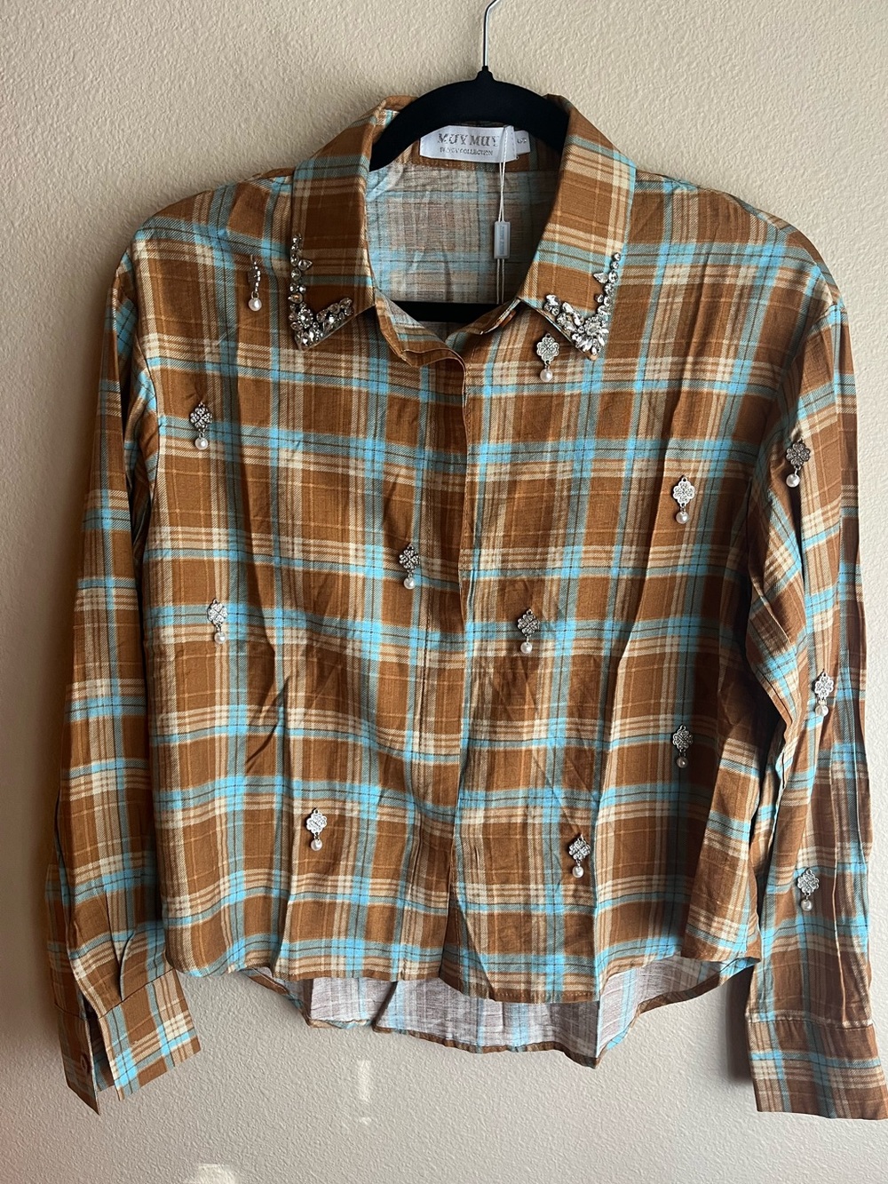 Embellished Brown Plaid Button-Up shirt